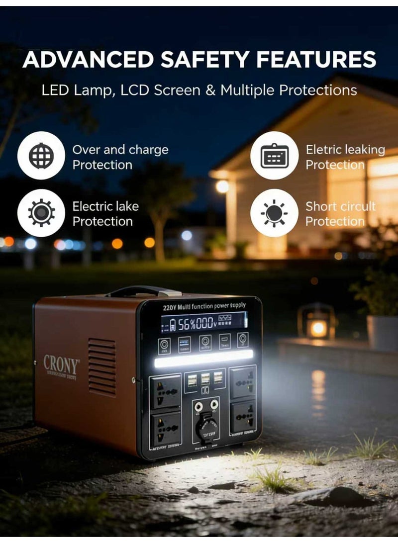 CRONY MP7-1200W Portable Power Station. Outdoor power station with a 720Wh high-capacity battery, 1200W output power, multiple power ports, and a built-in LED screen. Multiple protection features ensure safe use. Generator for Outdoor Camping/RVs/Home Use. - Image 4
